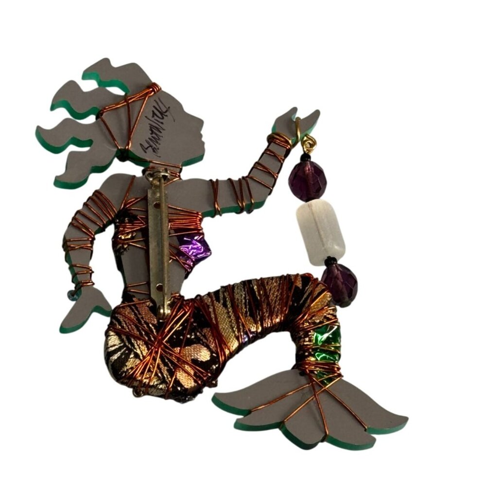 Bent Nicks Mermaid Brooch Signed Wire-Wrapped Beaded Black Lucite 4x2¾ Green - Picture 2 of 6